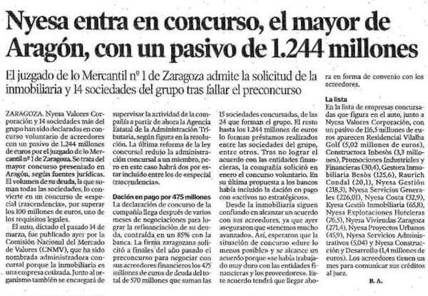 Nyesa entra en concurso, el mayor de Arag�n, con un pasivo de 1.244 millones.