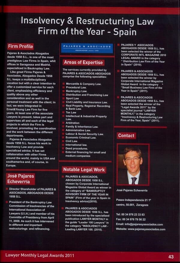 Pajares & Asociados ha sido nombrada como �Insolvency & Restructuring Law Firm of the Year, Spain�