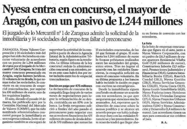 Nyesa entra en concurso, el mayor de Aragón, con un pasivo de 1.244 millones.