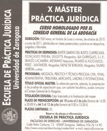 PAJARES & ASOCIADOS ABOGADOS colabora con el -X MASTER PRACTICA JURIDICA- de la Escuela de Práctica Jurñídica, Universidad de Zaragoza